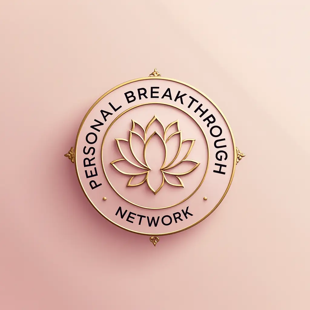 Elegant gold and blush pink circular logo for Personal Breakthrough Network featuring a lotus flower symbolizing growth and transformation.